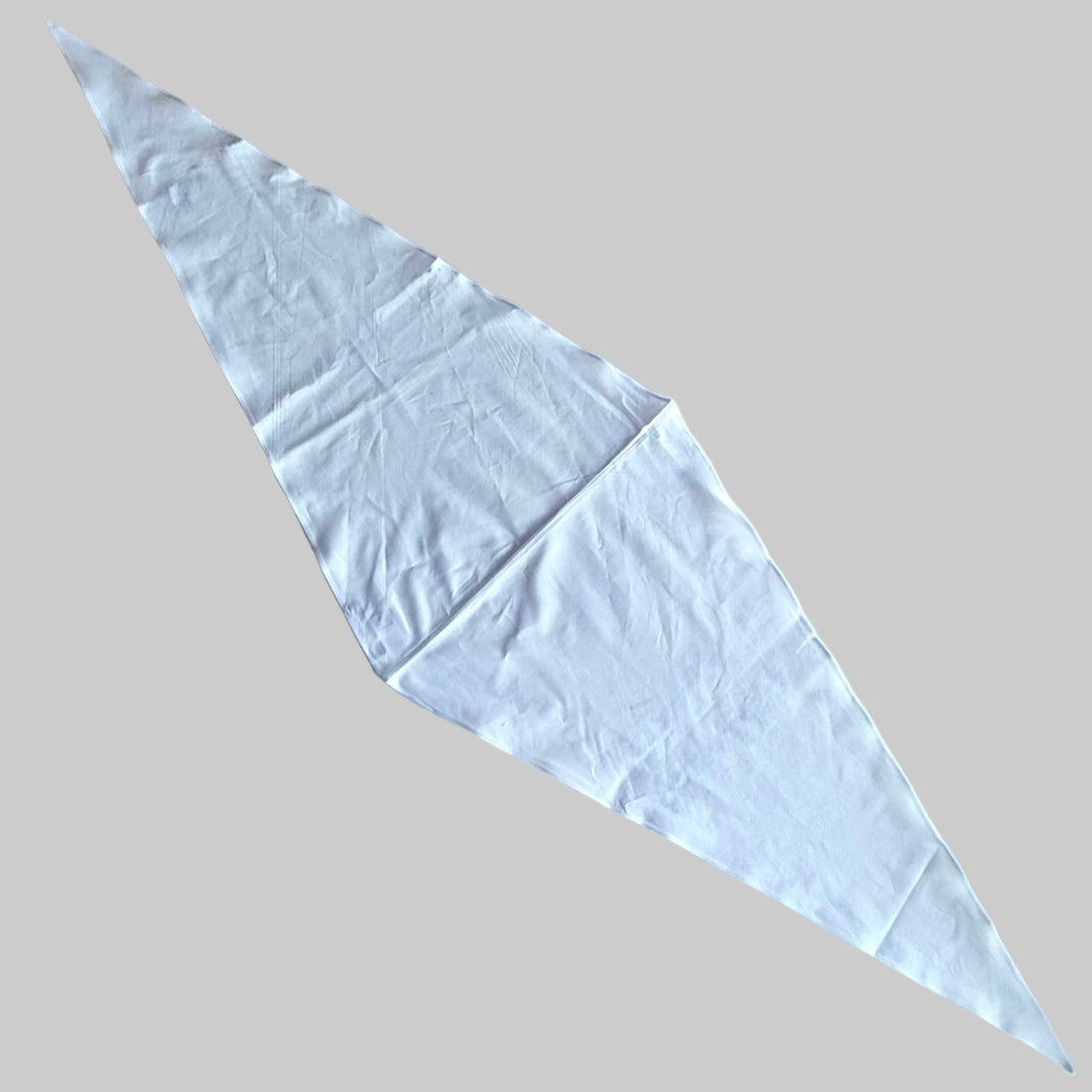 White poplin Arrombo Scarf flat lay showing long bias-cut diamond shape and centre seam