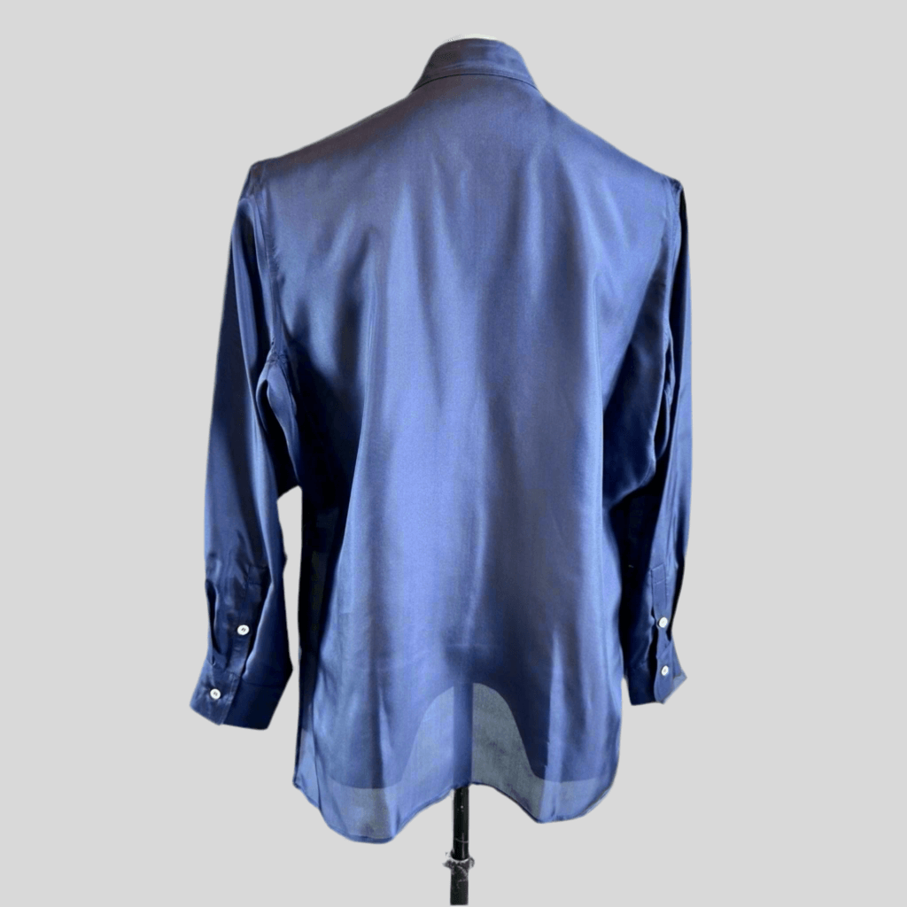 Indigo Silk Aries Slouch Pocket Shirt — back view on mannequin