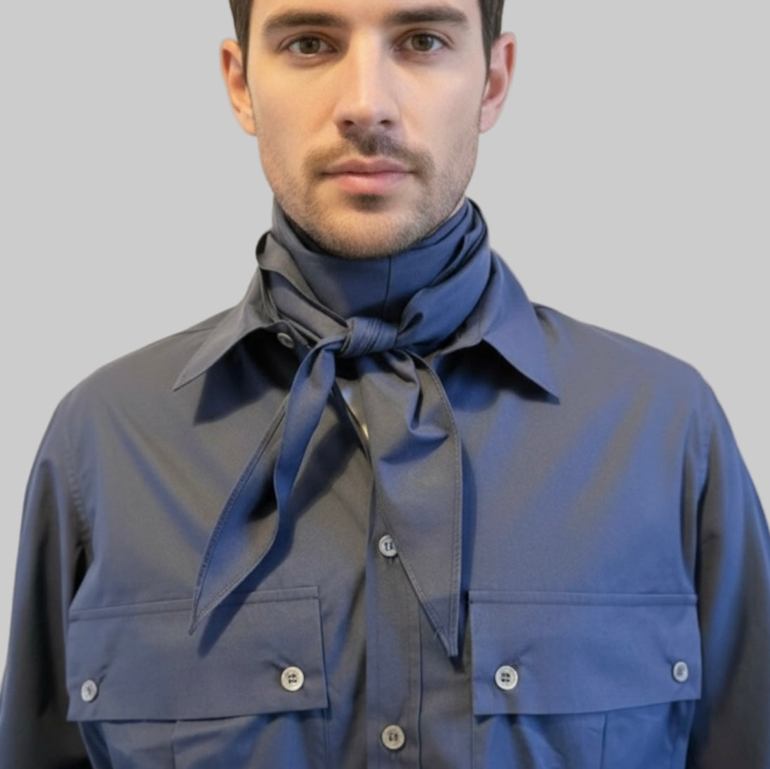 Navy poplin Arrombo Scarf worn on model around neck – Pinto Hervia London