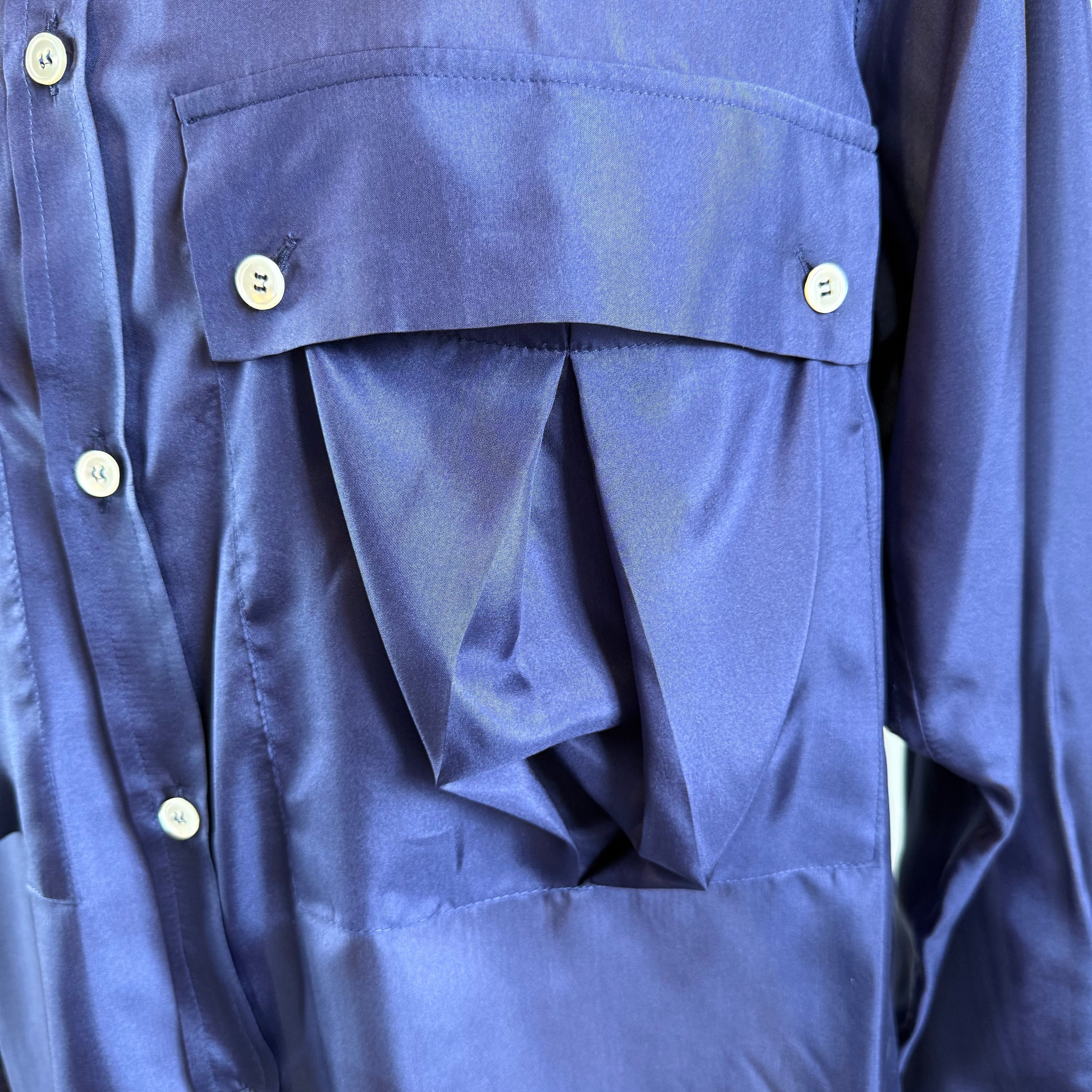 Indigo Silk Aries Slouch Pocket Shirt — oversized pocket detail