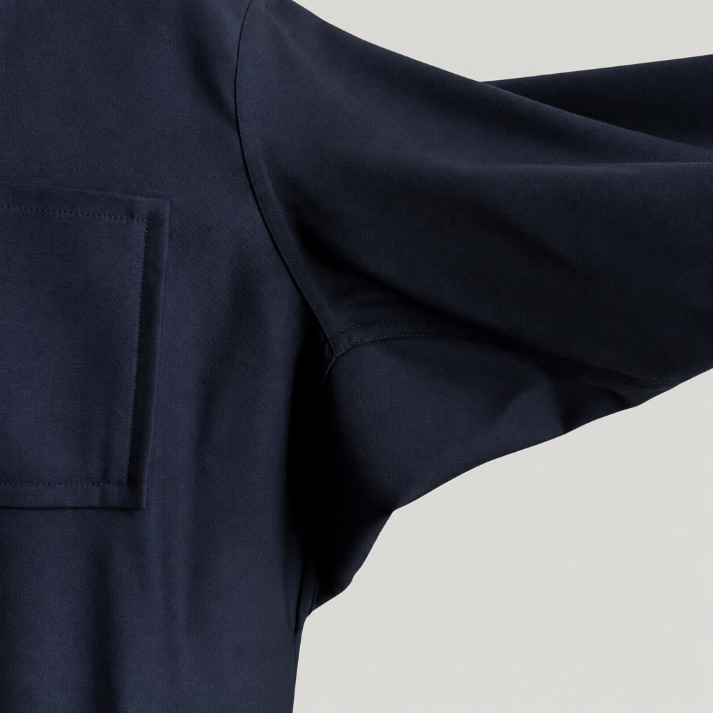 Detail view of the PINTO HERVIA Frame Jacket in black wool showing Aries underarm construction and fluid movement.
