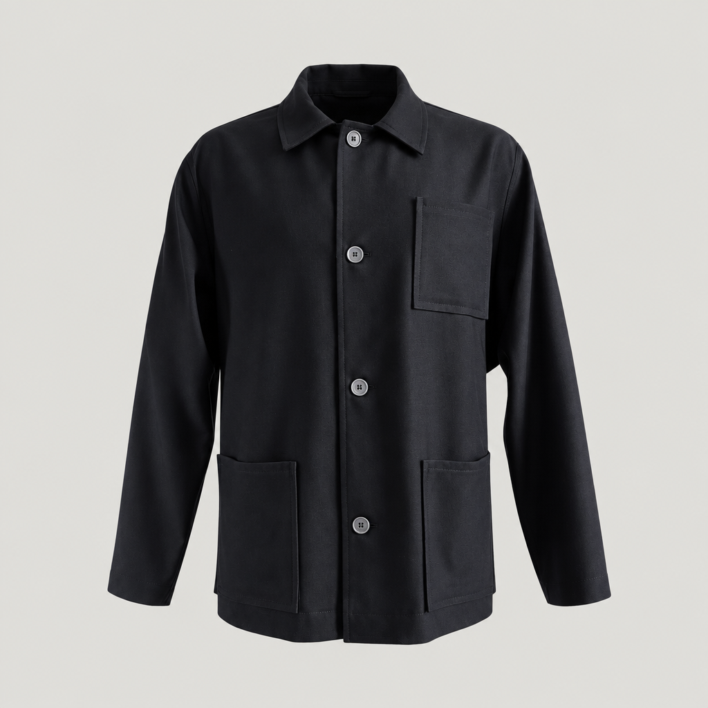 PINTO HERVIA Frame Jacket in black wool with relaxed silhouette, patch pockets and square hem.