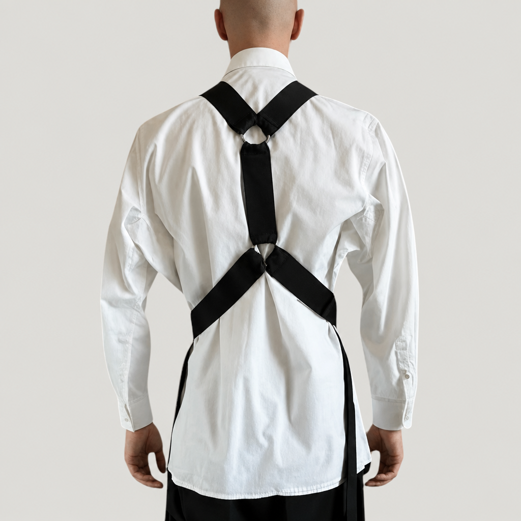 Black PINTO HERVIA Y-Vector harness with soft construction and polished metal hardware. Back view on male model.