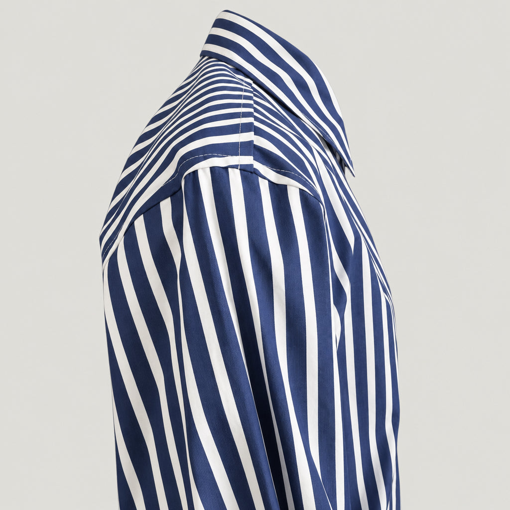 Blue striped Aries 1 long sleeve shirt in cotton poplin, side view, made in England