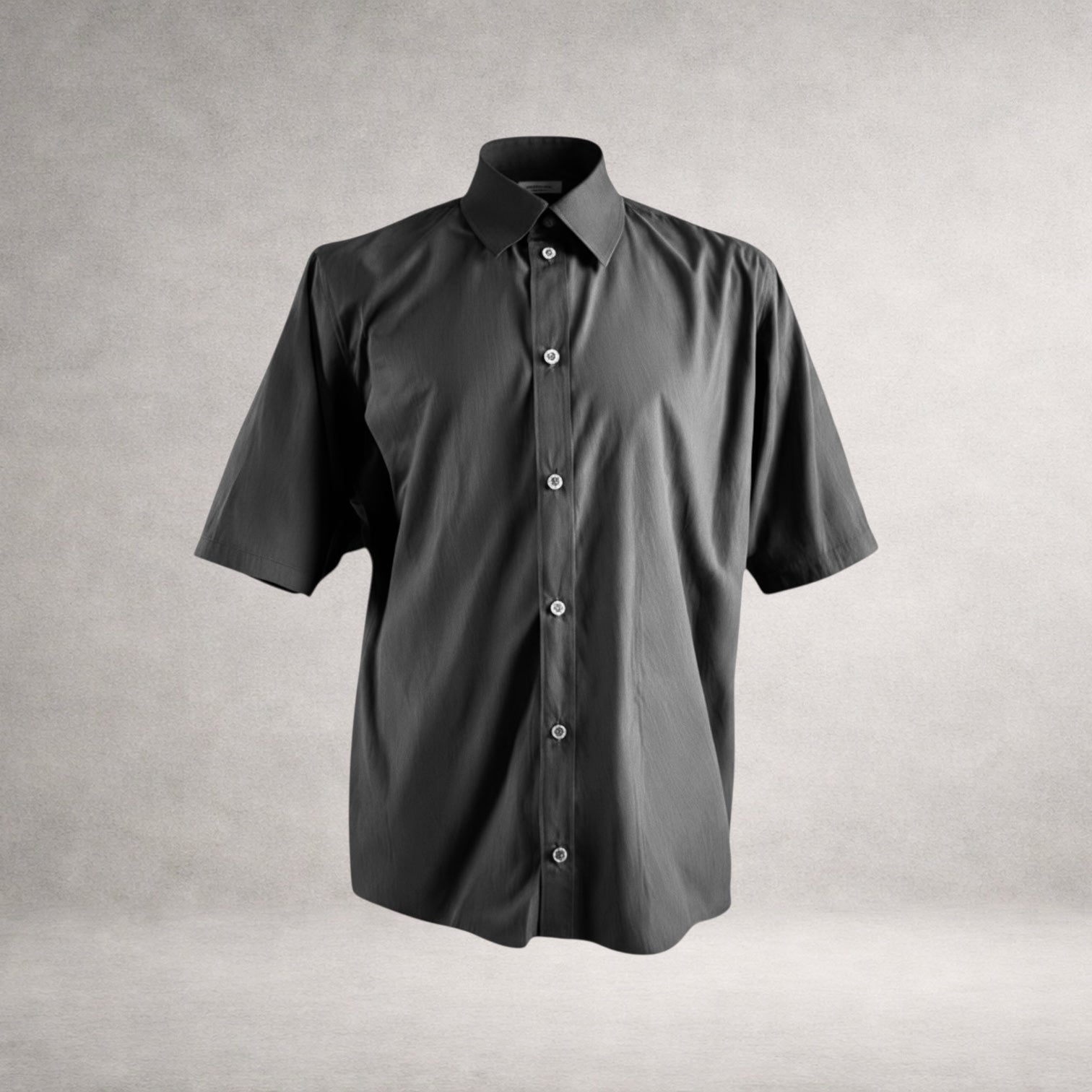 Black Aries 2 short sleeve shirt in cotton poplin, front view, made in England.