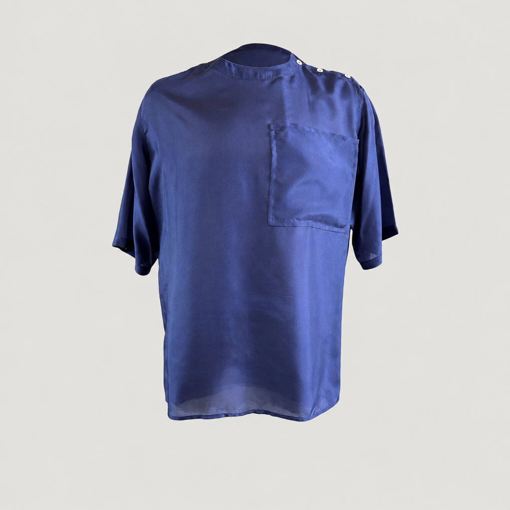 Indigo Aries 4 short sleeve shirt in Habotai Silk, front view, made in England