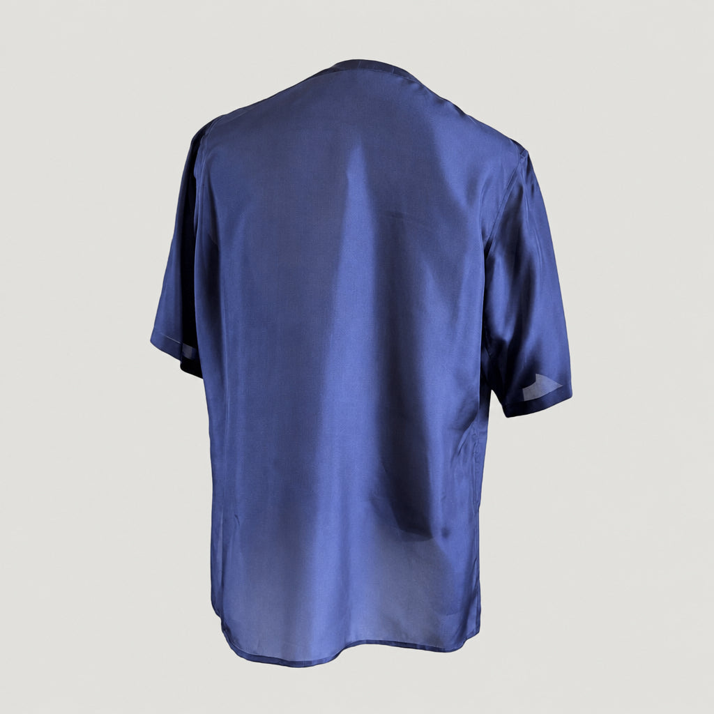 Indigo Aries 4 short sleeve shirt in Habotai Silk, back view, made in England