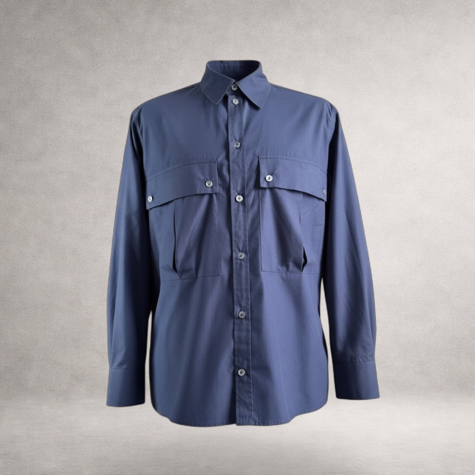 Navy Aries 5 long sleeve shirt in cotton poplin, front view, made in England