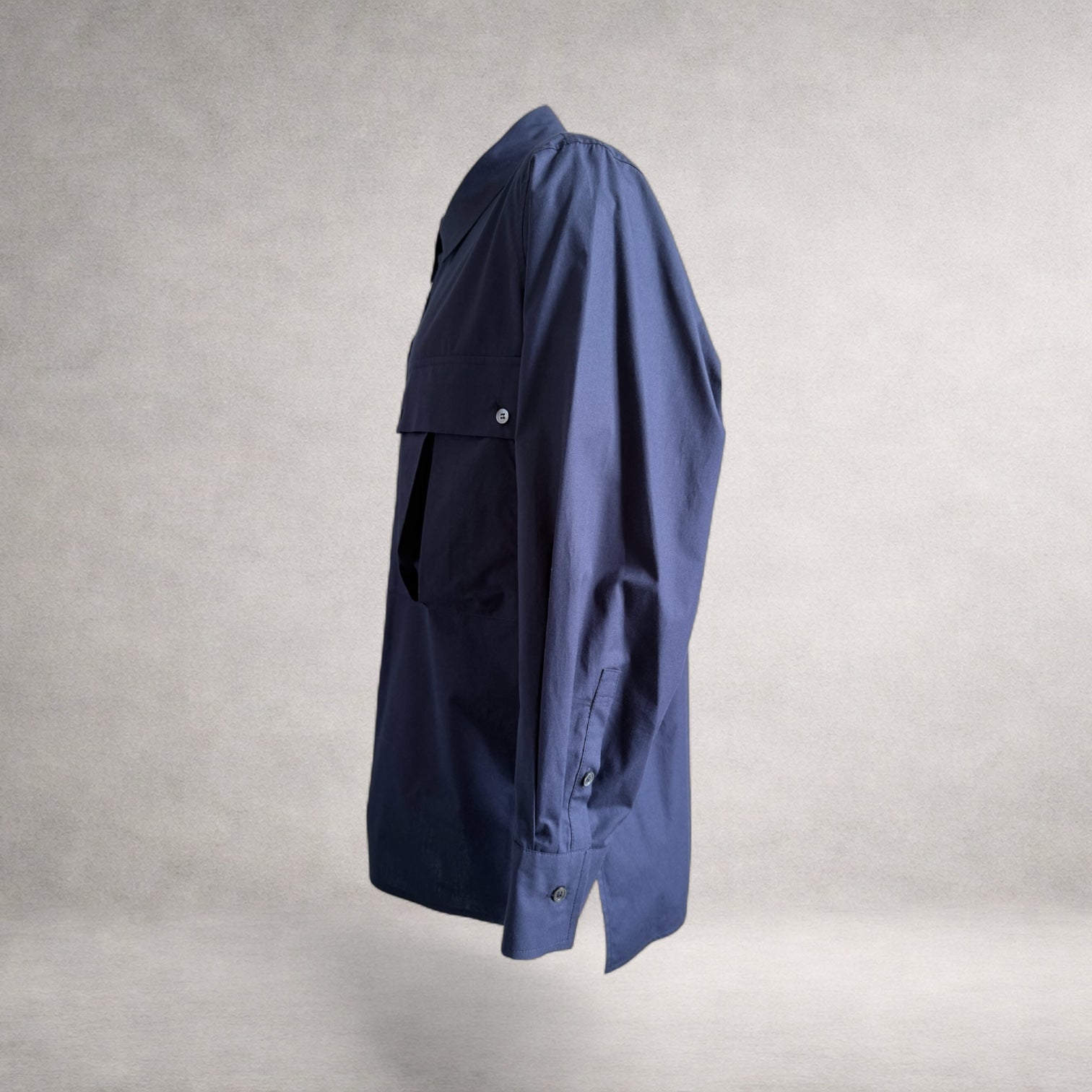 Navy Aries 5 long sleeve shirt in cotton poplin, side view, made in England
