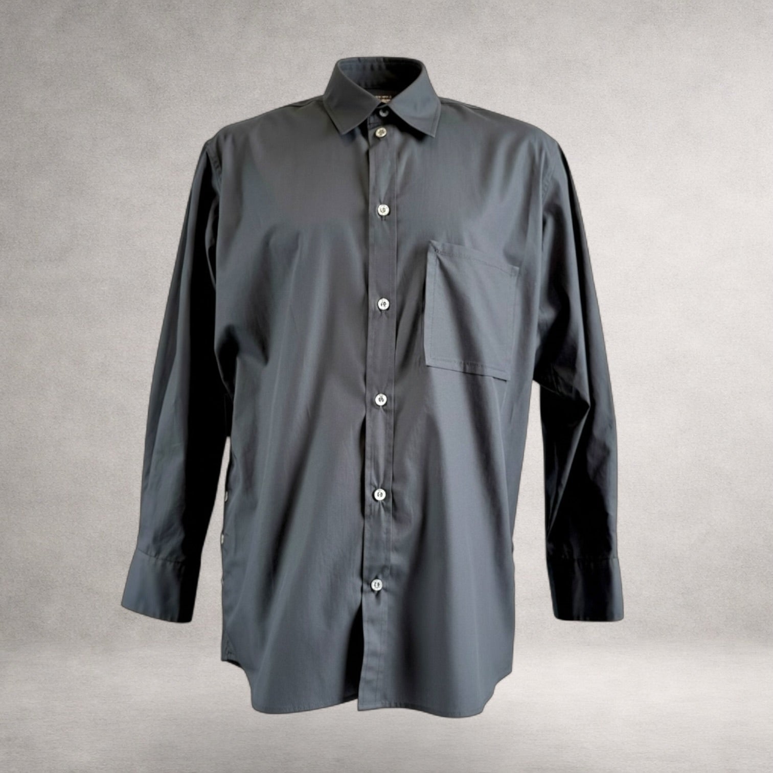Black Aries 6 long sleeve shirt in cotton poplin, front view, made in England