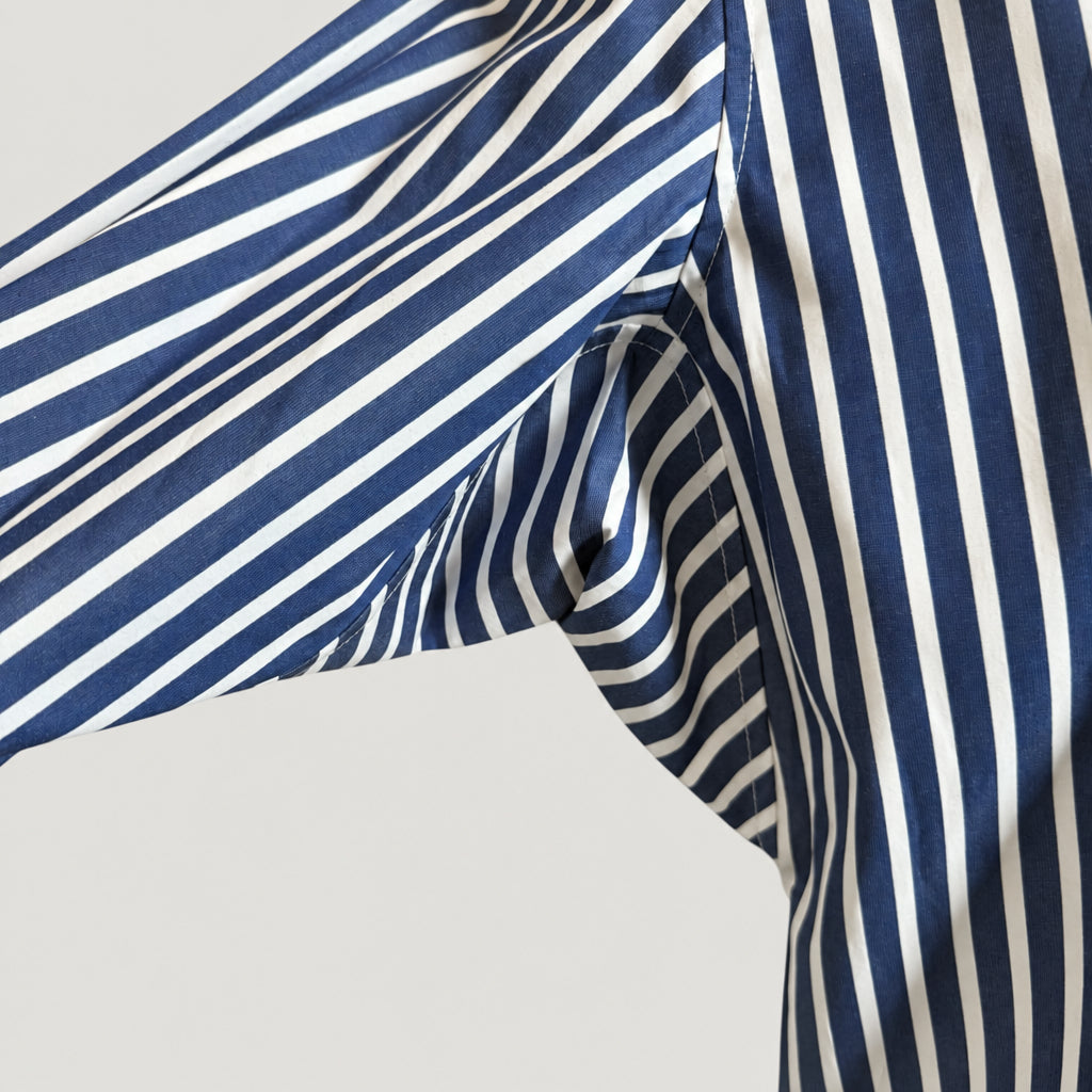 Blue striped Aries 1 long sleeve shirt in cotton poplin, underarm detail view, made in England