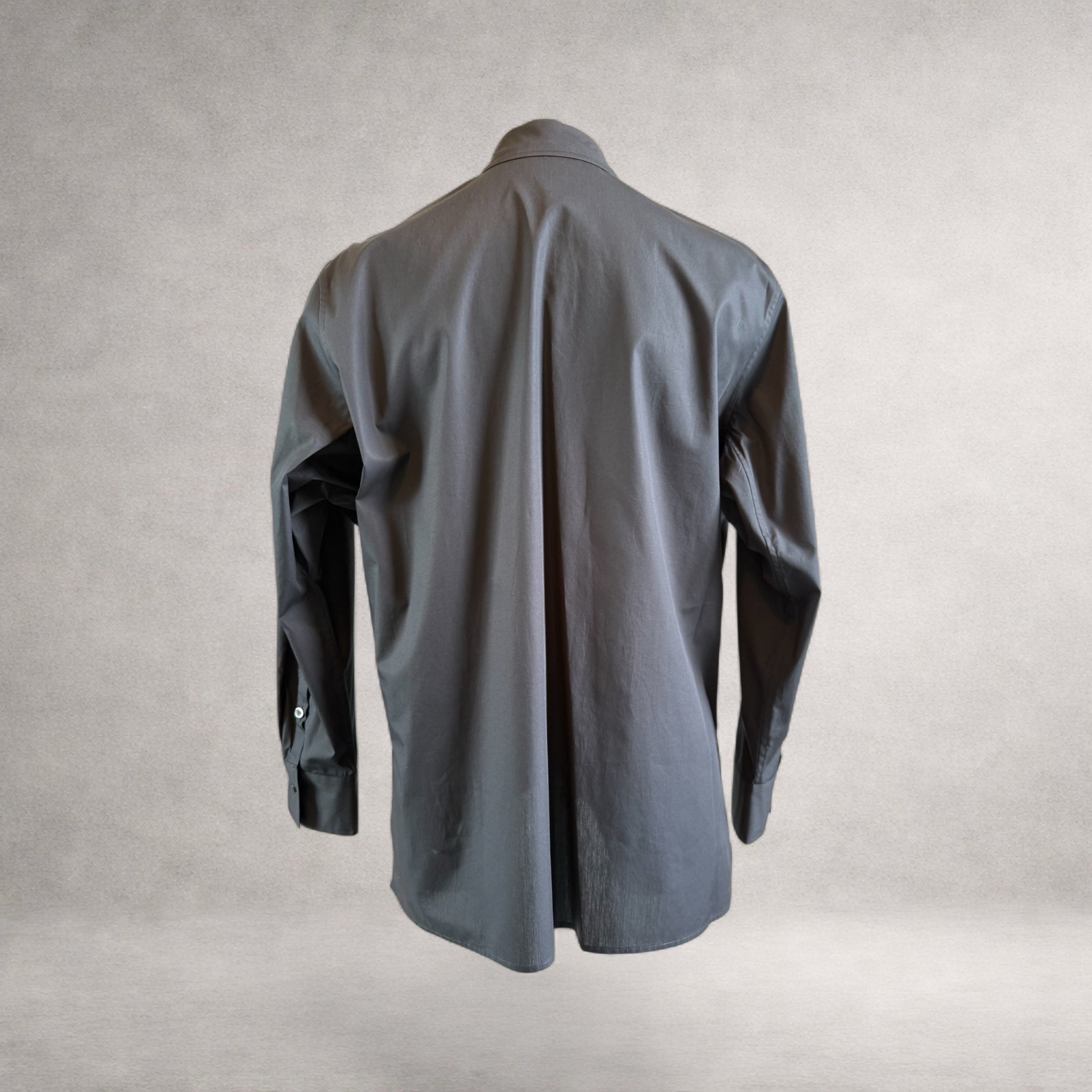 Black Aries long sleeve shirt in cotton poplin, back view, made in England