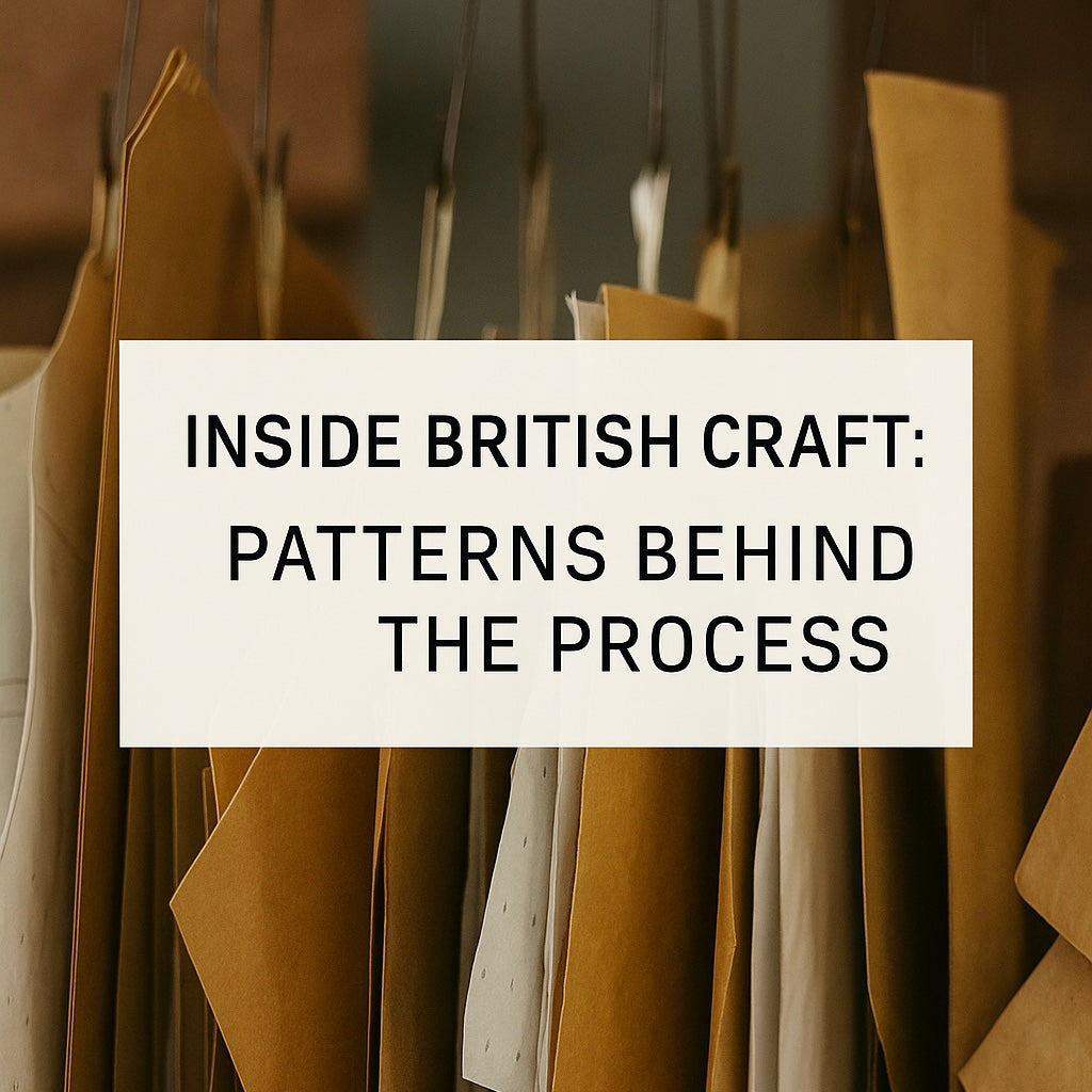 Paper garment patterns hanging in a British workshop with a title card reading ‘Inside British Craft: Patterns Behind the Process’.