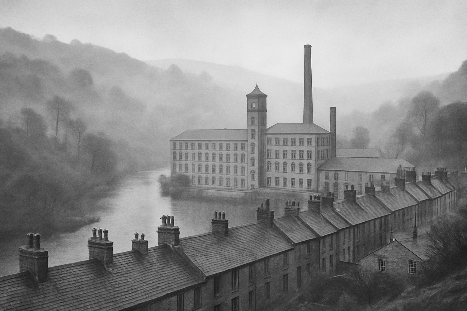 Historic British mill building in a misty valley, overlooking rows of terraced houses.