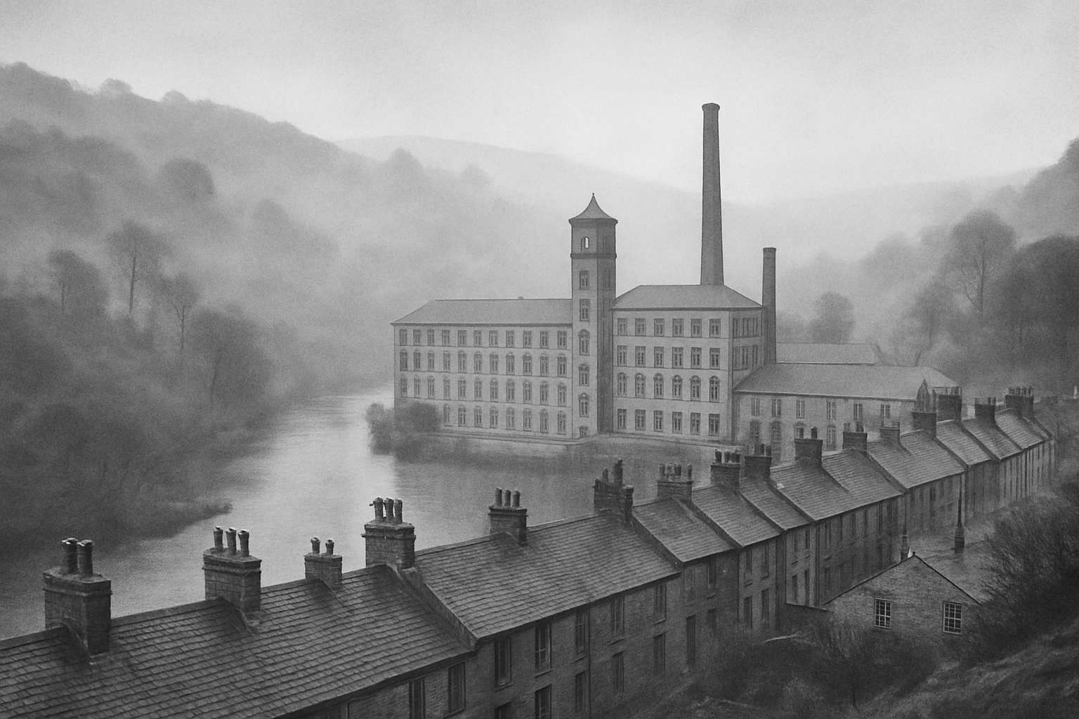 Historic British mill building in a misty valley, overlooking rows of terraced houses.