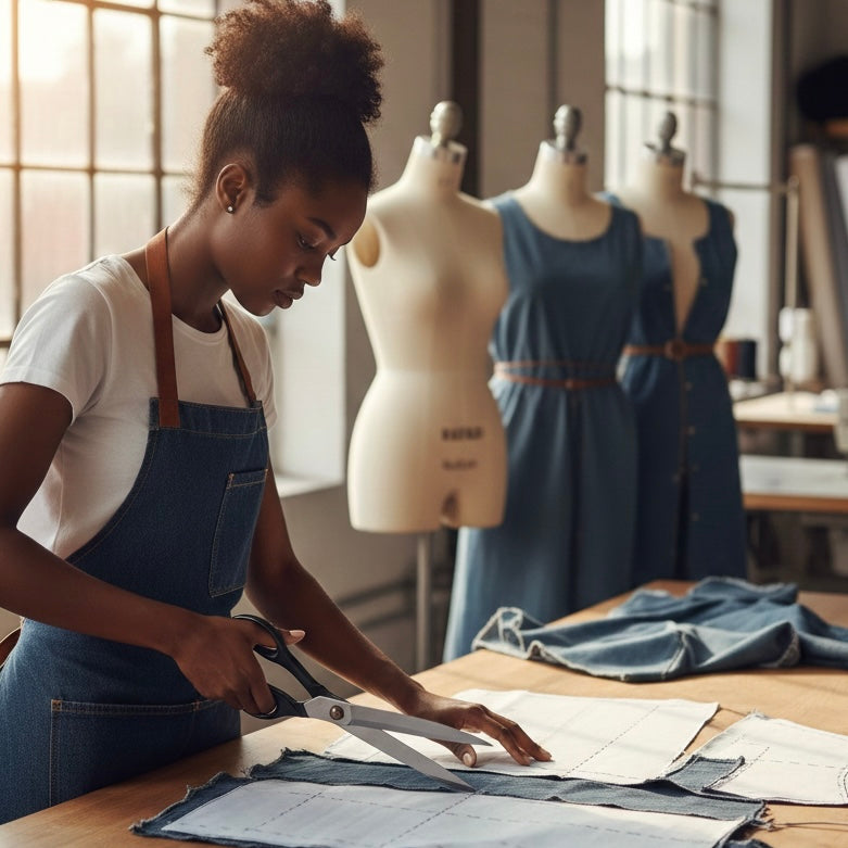 Fashion student cutting denim fabric in a studio, surrounded by dress forms and garments in progress.