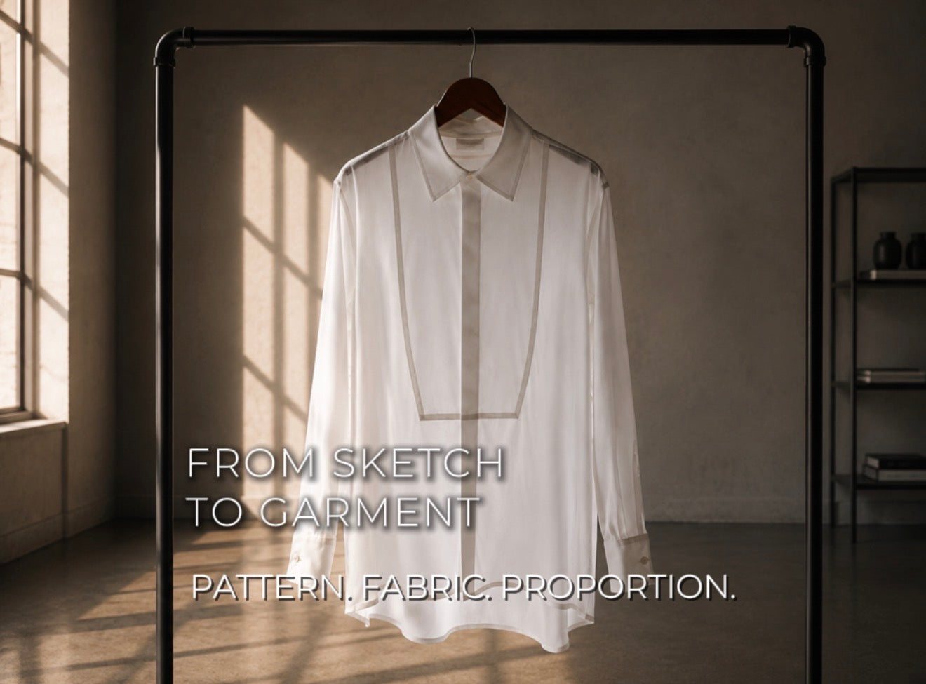 White Pinto Hervia evening shirt hanging on a rail, overlay text : FROM SKETCH TO GARMENT.