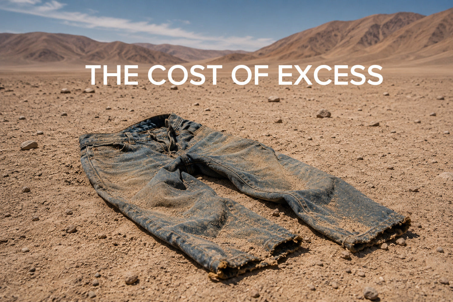 Editorial cover image showing a pair of discarded blue jeans in a desert landscape with the title “The Cost of Excess”, illustrating fashion overproduction, clothing waste and sustainable design.