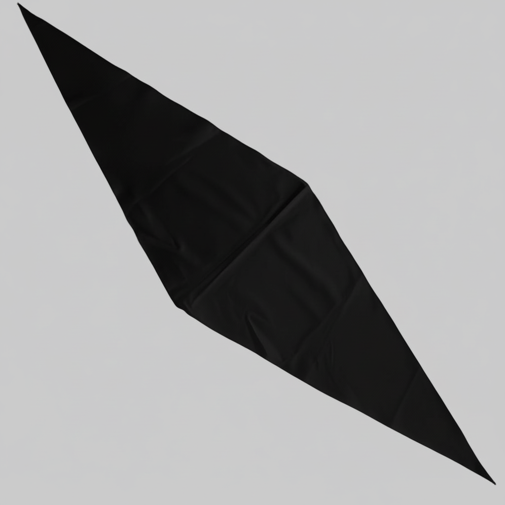 Black poplin Arrombo Scarf flat laid showing tapered elongated shape and centre seam