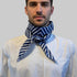 Blue striped poplin Arrombo Scarf worn on model around neck – Pinto Hervia London