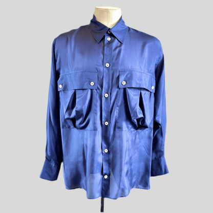 Indigo Silk Aries Slouch Pocket Shirt — front view on mannequin
