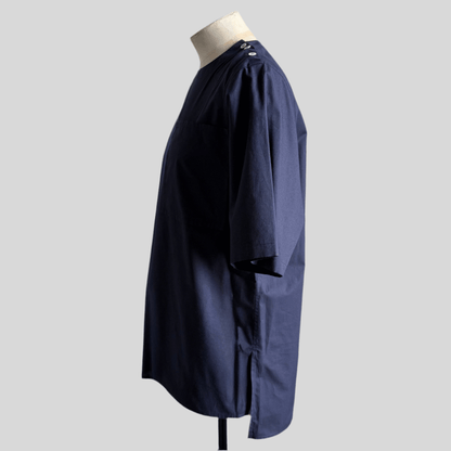 Navy Aries Button T-Shirt — side and back angle on mannequin
