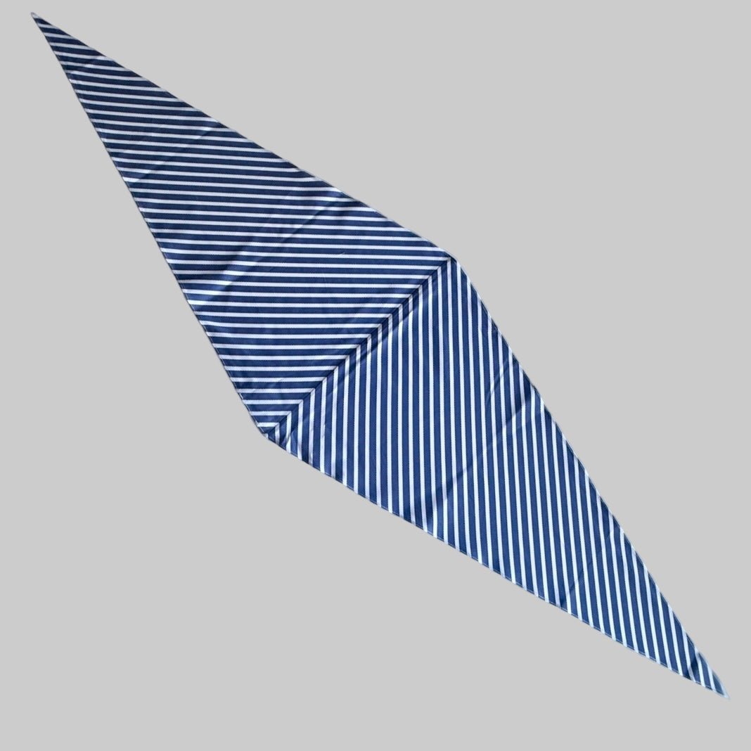 Blue striped poplin Arrombo Scarf flat lay showing long tapered diamond shape and centre seam