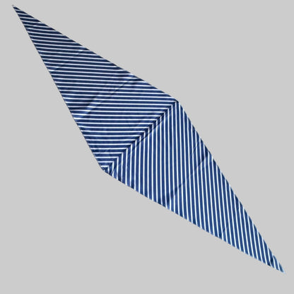 Blue striped poplin Arrombo Scarf flat lay showing long tapered diamond shape and centre seam