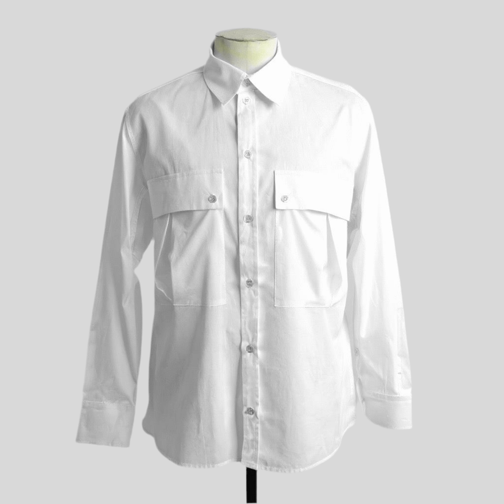 White Aries Slouch Pocket shirt — front view on mannequin
