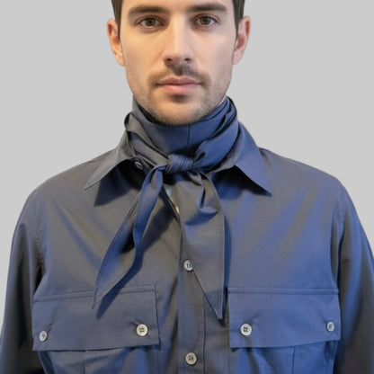 Navy poplin Arrombo Scarf worn on model around neck – Pinto Hervia London