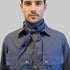Navy poplin Arrombo Scarf worn on model around neck – Pinto Hervia London