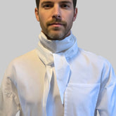 White poplin Arrombo Scarf worn on model around neck – Pinto Hervia London