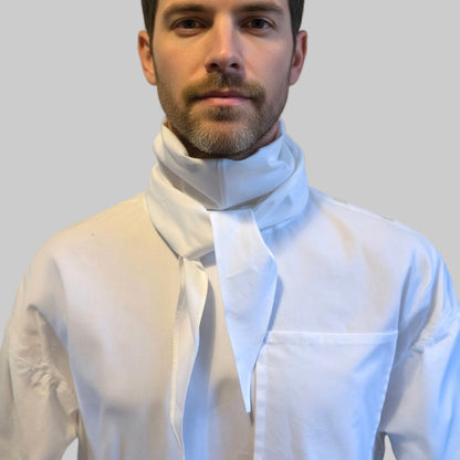 White poplin Arrombo Scarf worn on model around neck – Pinto Hervia London