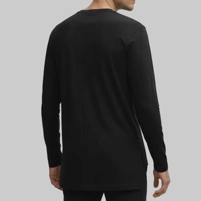 Back view of black long sleeve jersey top with longer back hem
