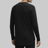 Back view of black long sleeve jersey top with longer back hem