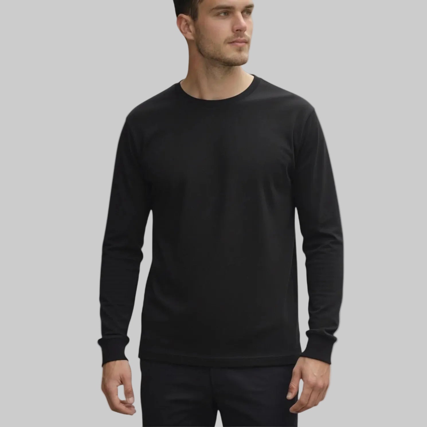 Black long sleeve jersey top with extended back length, made in England