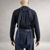 Black PINTO HERVIA H-Frame harness with soft structured cotton panels and metal ring hardware. Back view.