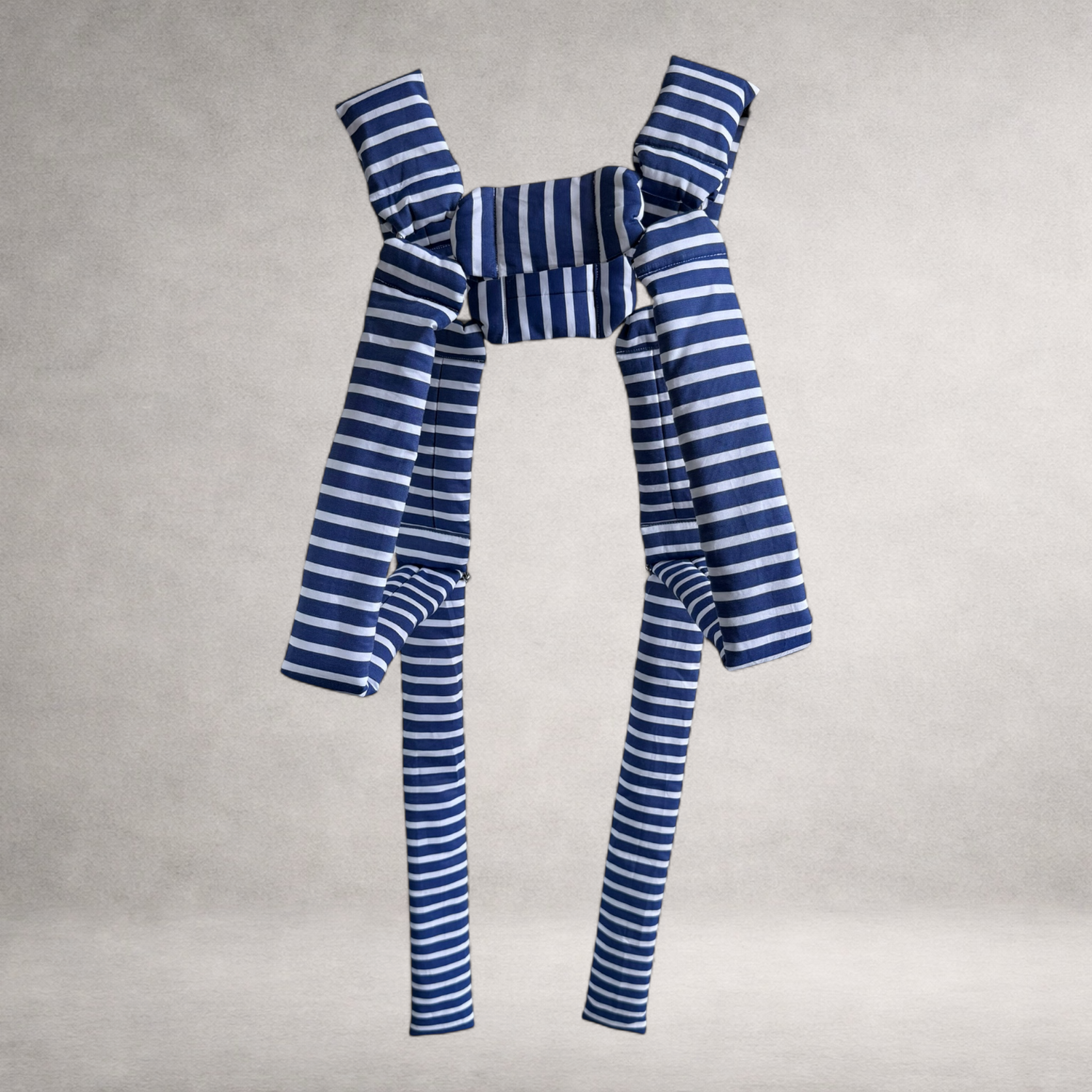 Blue striped quilted PINTO HERVIA H-Frame harness with padded cotton construction and metal ring hardware.