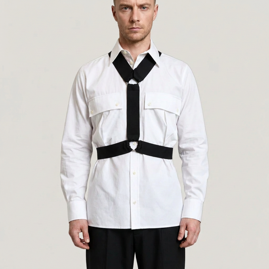Black PINTO HERVIA Y-Vector harness with soft construction and polished metal hardware. Worn by male model.
