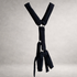 Black quilted PINTO HERVIA Y-Vector harness with padded construction and polished metal hardware.