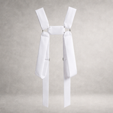White PINTO HERVIA H-Frame harness with soft structured cotton panels and metal ring hardware.