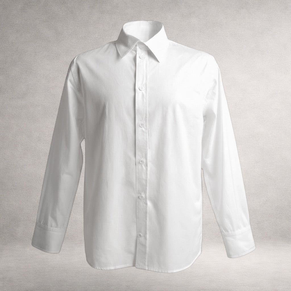 White Aries 1 long sleeve shirt in cotton poplin, front view, made in England