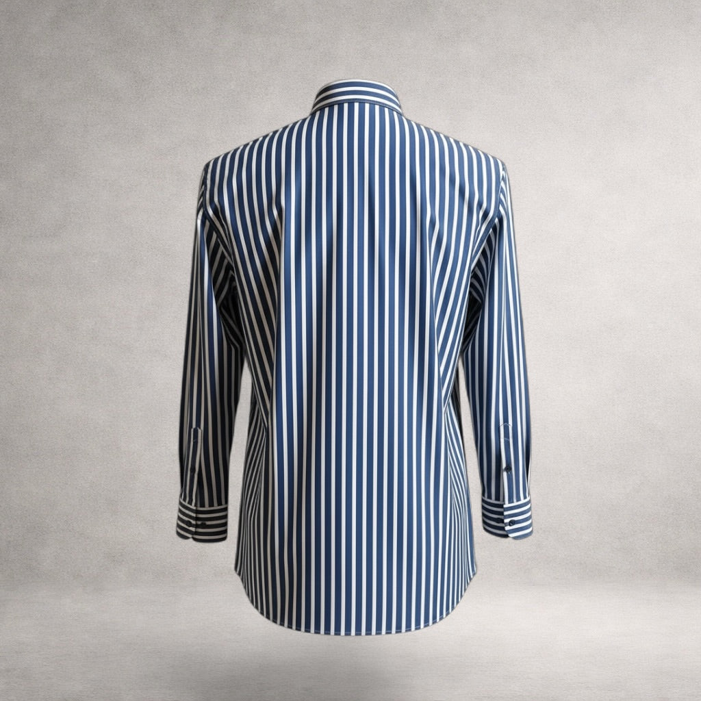 Blue striped Aries long sleeve shirt in cotton, back view, made in England
