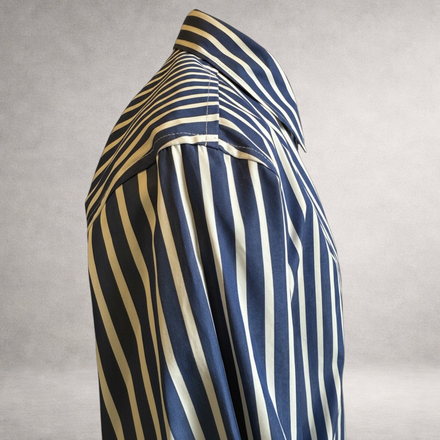 Blue striped Aries 1 long sleeve shirt in cotton poplin, side view, made in England