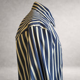 Blue striped Aries 1 long sleeve shirt in cotton poplin, side view, made in England