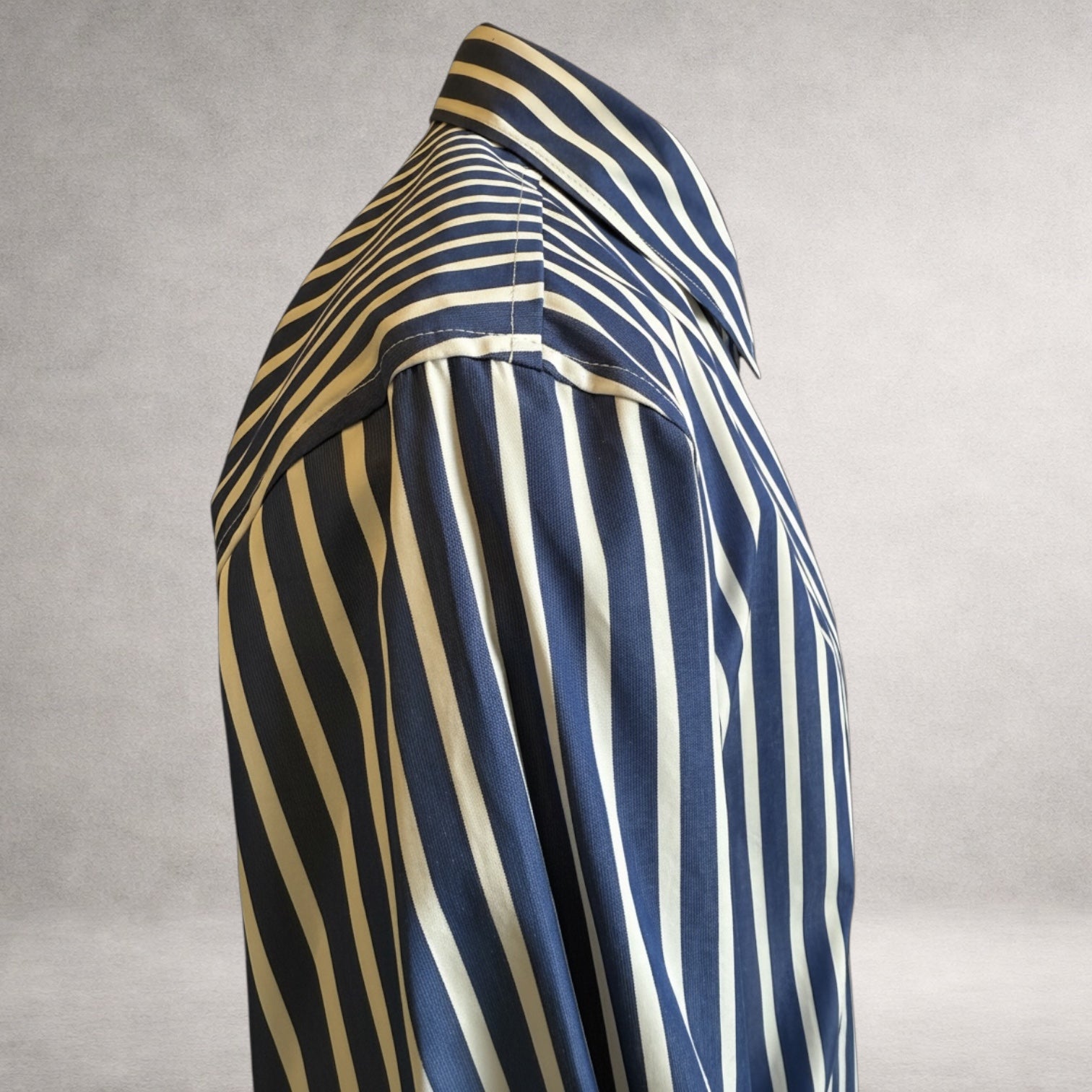 Blue striped Aries 1 long sleeve shirt in cotton poplin, side view, made in England