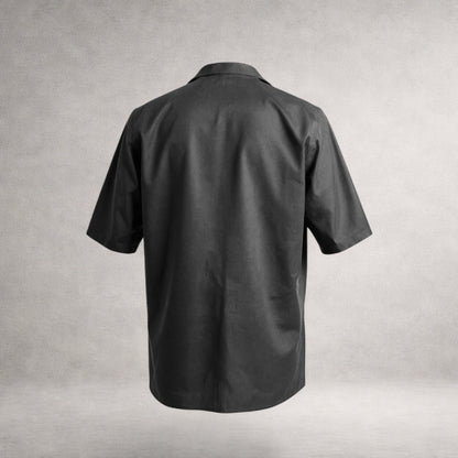 Black Aries 2 short sleeve shirt in cotton poplin, back view, made in England.