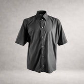 Black Aries 2 short sleeve shirt in cotton poplin, front view, made in England.