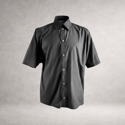 Black Aries 2 short sleeve shirt in cotton poplin, front view, made in England.