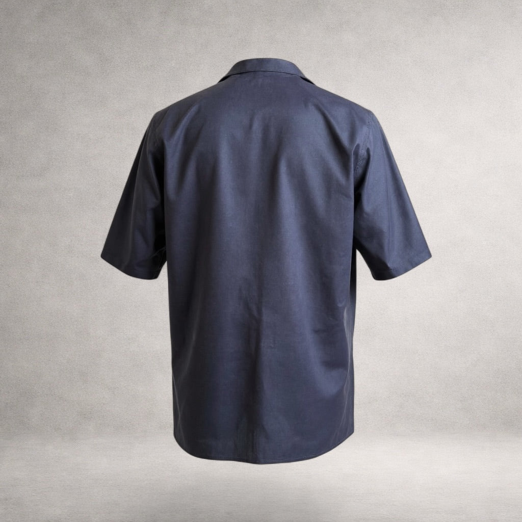 Navy Aries 2 short sleeve shirt in cotton poplin, back view, made in England.